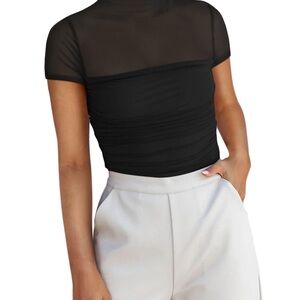 NWT‎ REORIA Women’s Sheer Mesh Ruched Bodysuit – Small